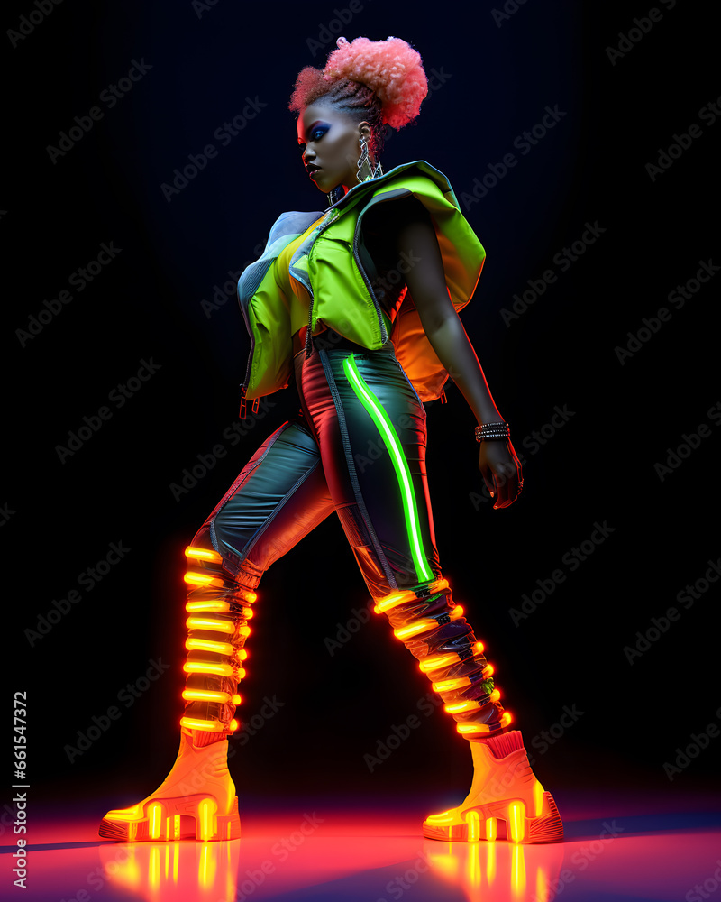 Fashion stylish African woman in neon costume and neon shoes, in the style of futuristic pop, luminous color palette Fashion stylish African woman in neon costume and neon shoes, in the style of futuristic pop, luminous color palette