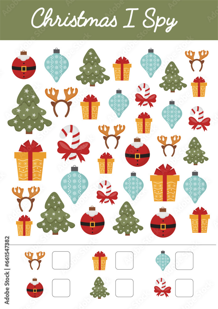 Christmas math worksheet. I spy. Mathematic activities for schooling, early education. Counting educational logical game. Kid lessons, Christmas preschool kindergarten educational activity for kids.