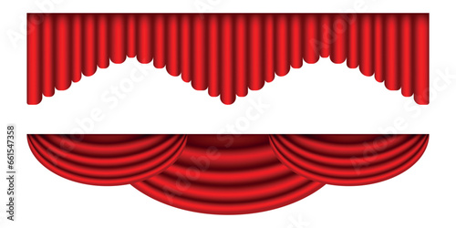 Set of red curtains. Realistic luxury curtain decoration. Fabric interior for circus, theater, scene and club. Vector illustration isolated on white background