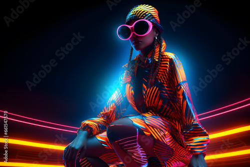 Fashion stylish African woman in neon costume and neon shoes, in the style of futuristic pop, luminous color palette © Oksana