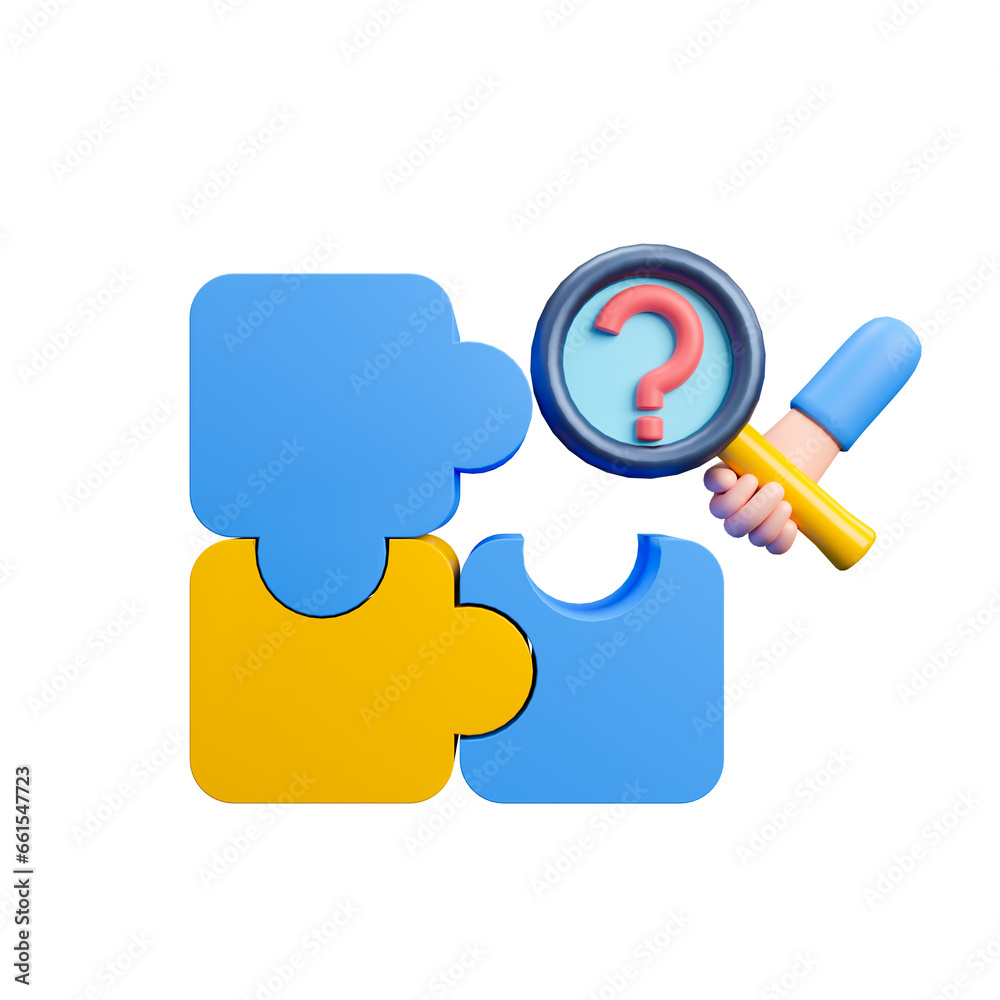 Concept of problem solving 3d illustration. Jigsaw puzzle with hand holding magnifying glass. Concept of problem solving 3d illustration. Jigsaw puzzle with hand holding magnifying glass.