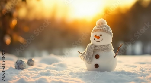 Cute snowman with hat and scarf is outside on sunny day in winter. © Hanna