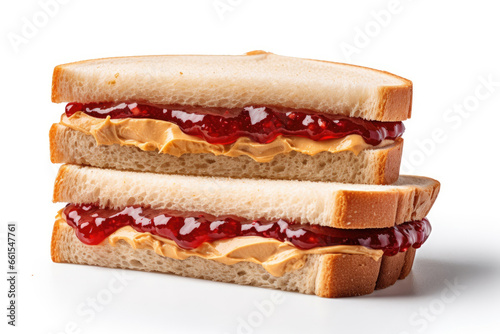 Peanut butter and jelly sandwich on white background