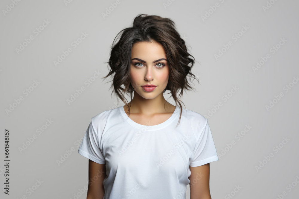Beautiful young dark-haired brunette woman in white t-shirt isolated on white background Beautiful young dark-haired brunette woman in white t-shirt isolated on white background
