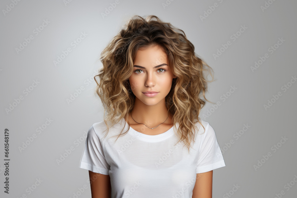 Beautiful young blond woman in white t-shirt isolated on gray background Beautiful young blond woman in white t-shirt isolated on gray background