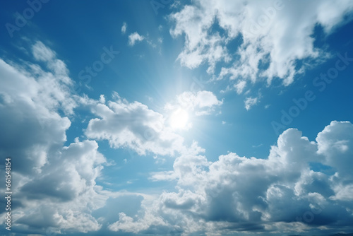 Blue sky background with tiny clouds and sun. Natural sky background. © Ahsan ullah