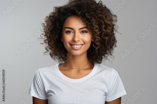Young happy african american woman in white t-shirt isolated on white background © sofiko14