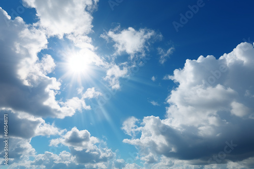 Blue sky background with tiny clouds and sun. Natural sky background.