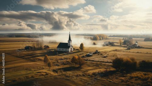 Aerial view of a small church in the middle of a field in the dusk