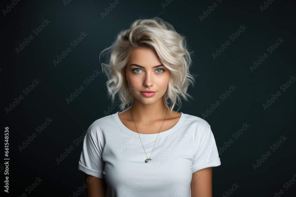 Beautiful young blond woman in white t-shirt isolated on blue background Beautiful young blond woman in white t-shirt isolated on blue background