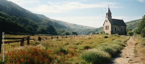 Panoramic view of an old church in the countryside