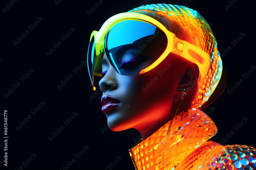 Portrait of Fashion African woman with neon costume and glasses in style of retro futurism, colorful bright cool look