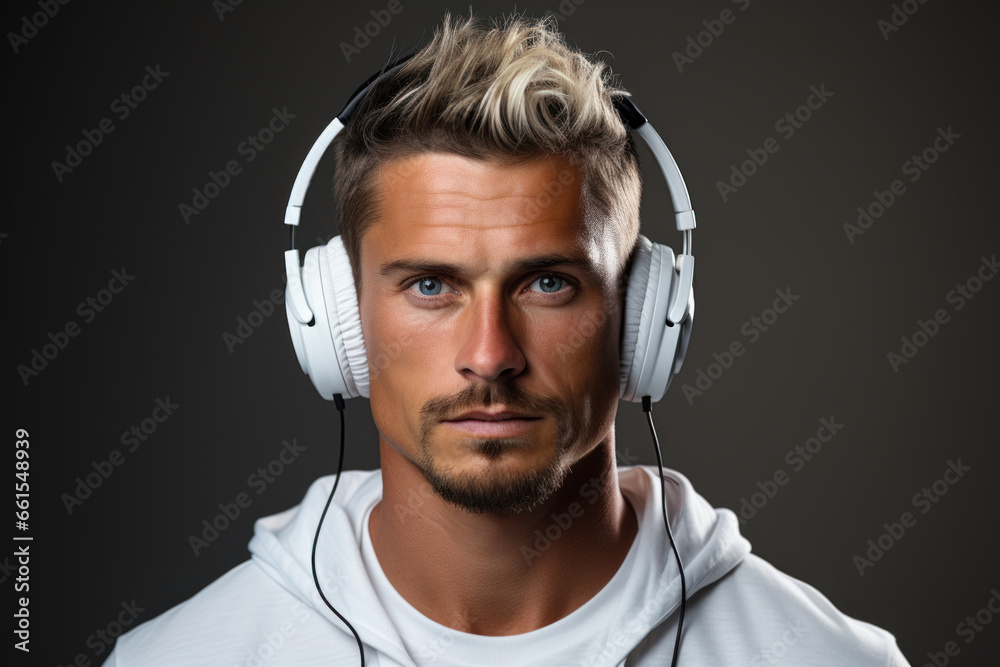 Portrait of a young stylish Caucasian man in headphones on a dark gray background
