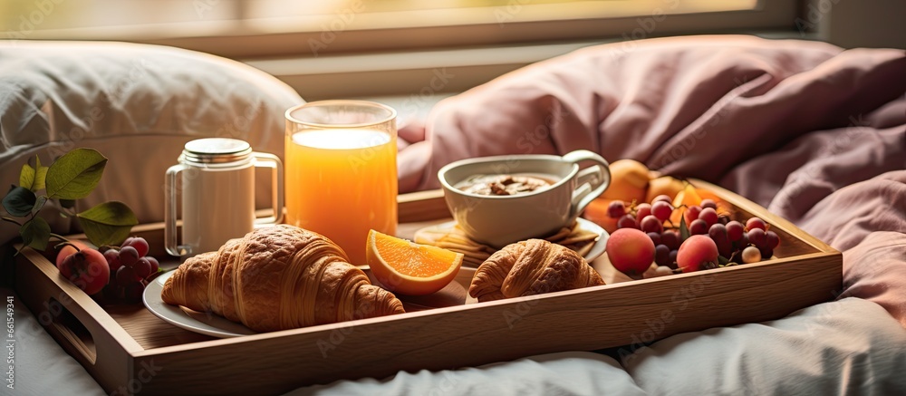 Bedroom breakfast tray with food photo