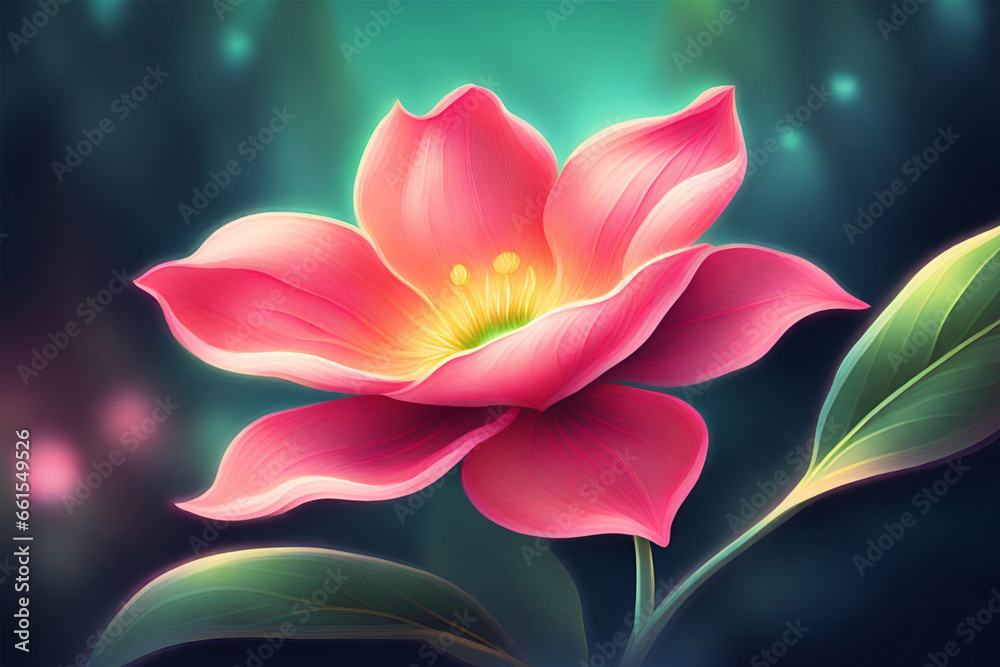 Illustration of pink flower on a dark background with bokeh. Generative AI