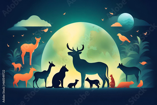 Illustration of wild animals in the forest at night with full moon. Generative AI