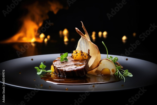 Beautifully presented Michelin star restaurant dish on a plate, black background. Refined and elegant cuisine, fine dinning  photo