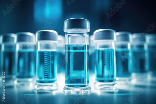 closeup glass tuber with coronavirus vaccines. covid virus protection concept