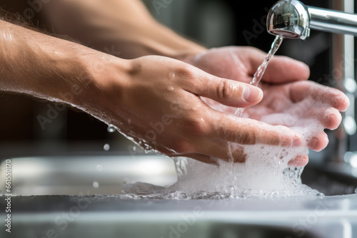 Close-up of Men Hands Being Washed with Soap and Foam Under Tap Water. The Concept of Hygiene and Protection Against the Spread of the Coronavirus