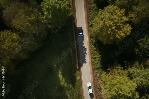 An overhead perspective of a vehicle driving on a road with a tree obstructing its path, while another car moves on the same road. Generative AI