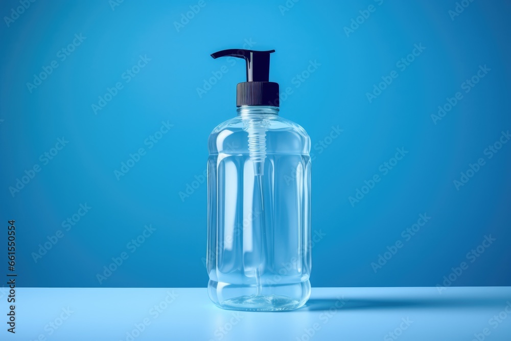 sanitizer bottle on blue background. concept of social responsibility and protection against coronavirus