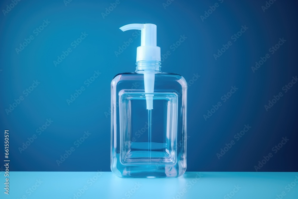 sanitizer bottle on blue background. concept of social responsibility and protection against coronavirus