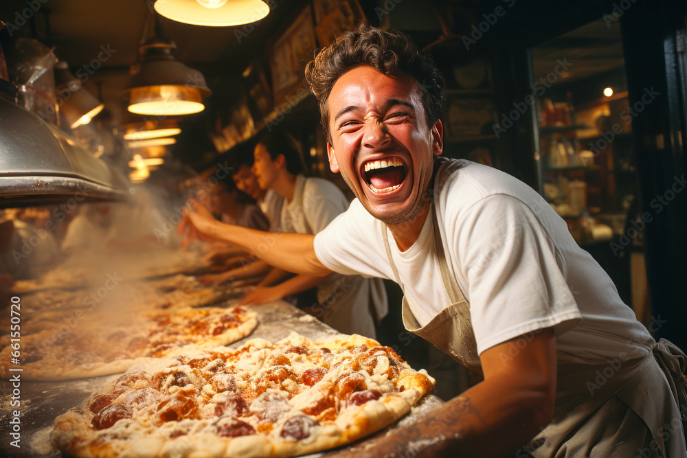 Cheerful pizzaiolo tossing dough in alien marketplace under double moon