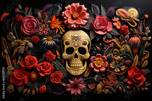 Portrait of human skull and flowers fantasy halloween santa muerto on a black background with embroidered pattern generative AI