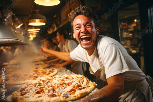 Cheerful pizzaiolo tossing dough in alien marketplace under double moon