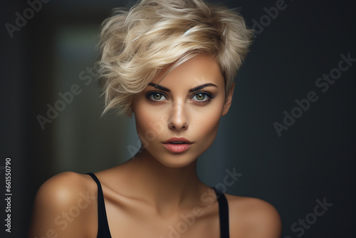 Generative AI picture of beautiful blonde woman fashion model after salon hairdresser procedure