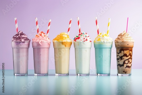 Assorted milkshake flavors closeup on isolated background. Display, whole and side view. Frontal full view. Lifestyle studio shoot. Closeup view. Poster banner menu. Generative AI