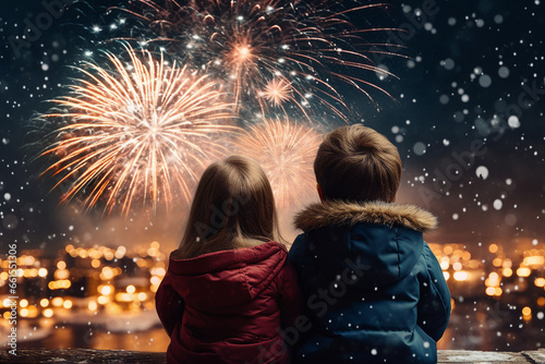 Magic night with fireworks two kids sitting together made with Generative AI technology