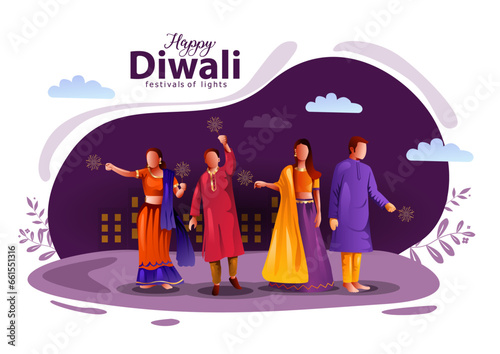 abstract vector illustration of Hindu people celebrating on Happy Diwali Indian holiday background.