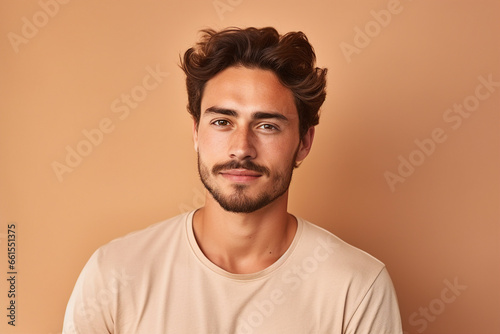 Generative AI photo portrait of handsome successful happy man isolated on beige background