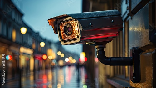 Blurred Urban Street Background. CCTV Camera in City Center