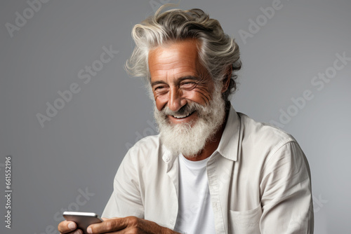 Caucasian young stylish businessman with smartphone on white background