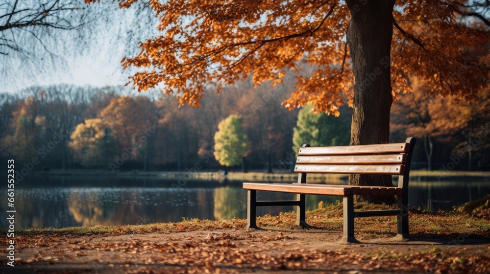 a wooden bench is sitting in the park in late autumn a wooden bench is sitting in the park in late autumn