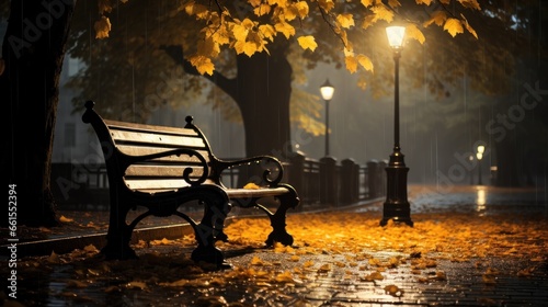 a bench is sitting under some umbrellas on a sidewalk in a rainstorm