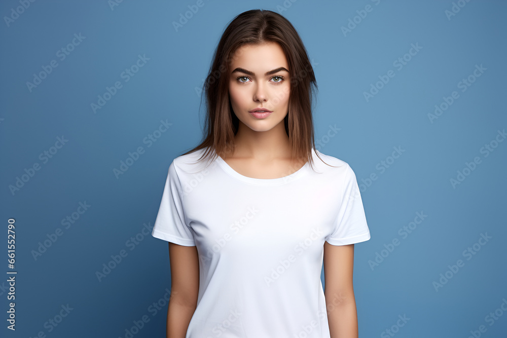 portrait of a woman with white clear t shirt isolated in blue studio portrait of a woman with white clear t shirt isolated in blue studio