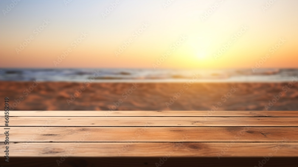 Close-Up of a Light Brown Wooden Table with a Sunset at the Beach Blurry Background, Ideal for Product Placement in a Beachside Marketing Concept

