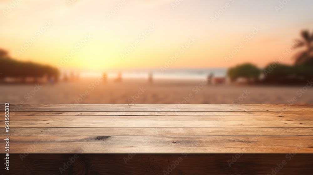 Close-Up of a Light Brown Wooden Table with a Sunset at the Beach Blurry Background, Ideal for Product Placement in a Beachside Marketing Concept
