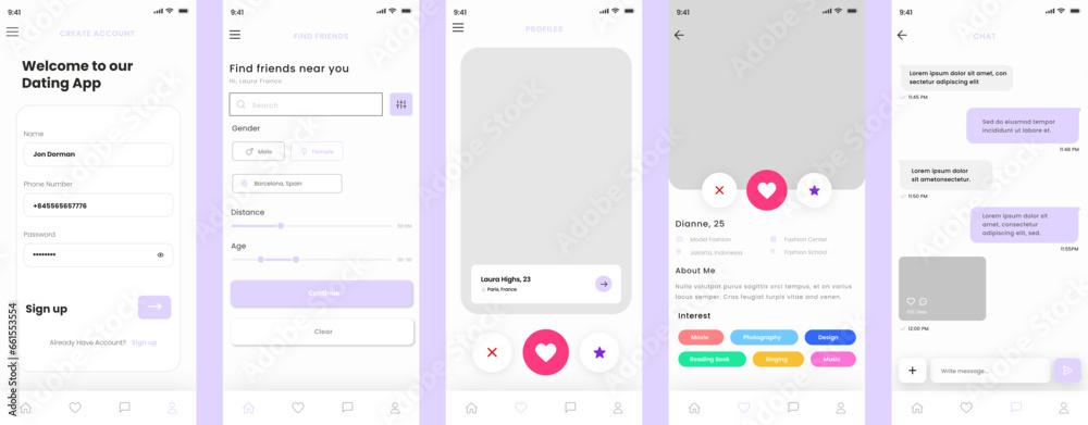Date, Relations, Social Communication, Chat with friends and Dating Mobile App Ui Kit Template - obrazy, fototapety, plakaty 