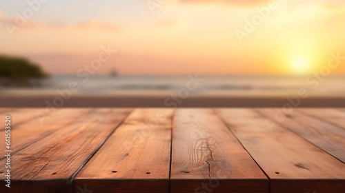 Close-Up of a Light Brown Wooden Table with a Sunset at the Beach Blurry Background, Ideal for Product Placement in a Beachside Marketing Concept 