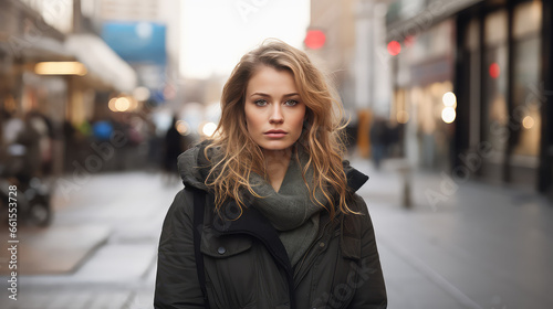 Young single woman on a city street. Autumn Depression, loneliness in the big city. 