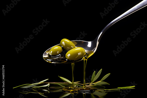 Olive oil pouring from a spoon with fresh green olives on black background