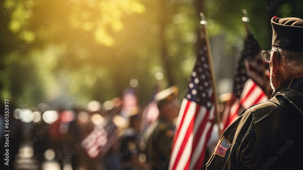 A group of veterans saluting the flag during a Memorial Day parade, with copy space, blurred background - obrazy, fototapety, plakaty 