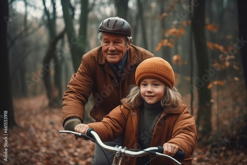 grandfather enjoying a day of bike ride through the woods with his grandson