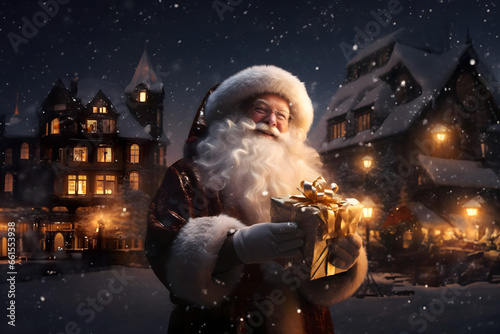 Luxury of Christmas season. Santa Claus on Christmas Day night in winter with premium gold gifts and cinematic lighting. Snow falls on Christmas Day. photo