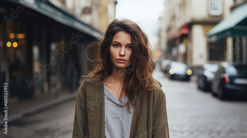 Young single woman on a city street. Autumn Depression, loneliness in the big city. 