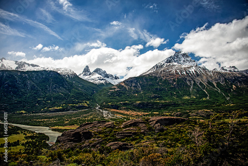 View of Cerro Castillo and Cerro Campana, with river and clouds, from the Carretera Austral, Aysén, Chilean Patagonia